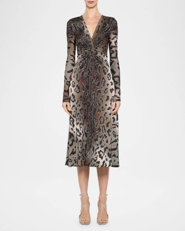 Leopard-Print Twisted Long-Sleeve Jersey Midi Dress